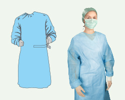OP-Mantel, steril, bedingt fl&uuml;ssigkeitsabweisend, hinten &uuml;berlappend zum Binden, elastische &Auml;rmelb&uuml;ndchen